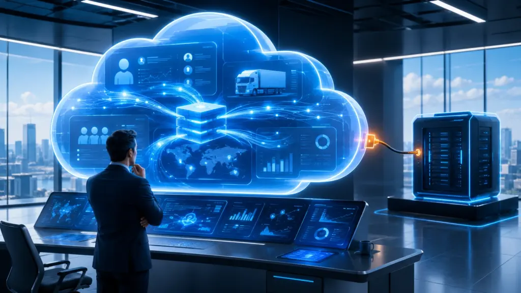 Colorful cinematic illustration of an operations command center showing a large seamless glowing cloud structure unifying customer, carrier, shipment, and financial data on one side, and a separate server block connected only by an integration cable with a glowing amber connector on the other side, with an operations manager comparing the two architectures, representing the Salesforce-native versus standalone system decision at the center of the FTM vs McLeod comparison