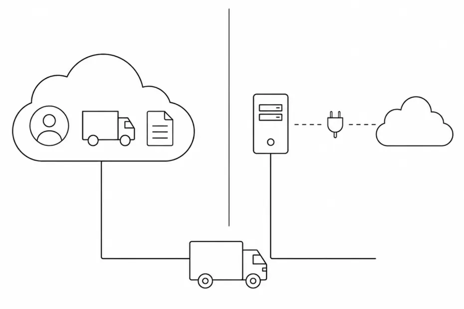 Minimal black and white line art diagram split down the center showing a unified cloud environment with nested customer, carrier, and document icons on the left representing a Salesforce-native platform, and two separate systems connected by an integration plug icon on the right representing a standalone TMS, both leading to the same freight truck, illustrating the core architecture difference in the FTM vs McLeod comparison
