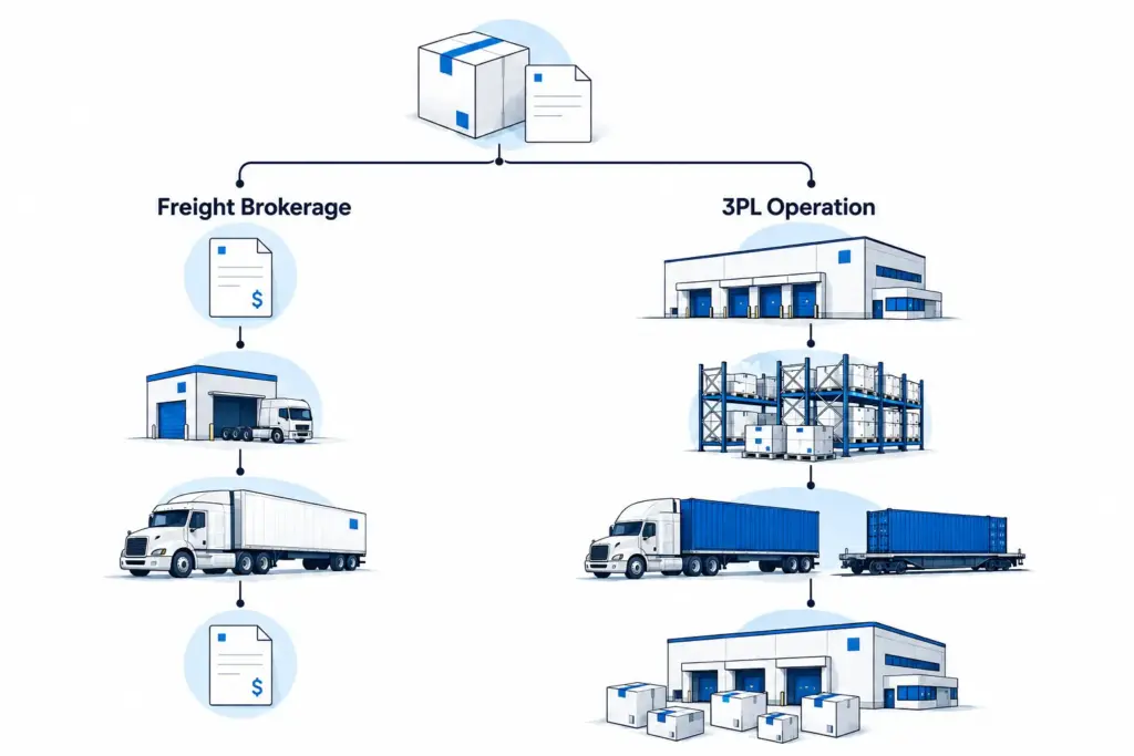 Freight broker vs 3PL software illustration comparing brokerage transportation workflows with broader warehouse, inventory, fulfillment, and distribution operations.