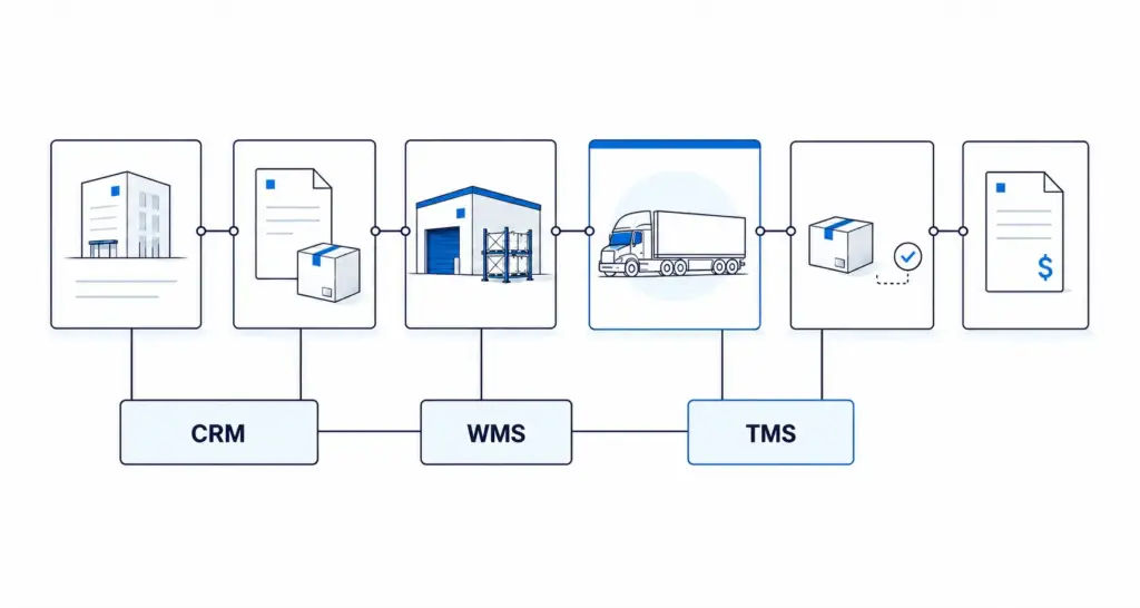 3PL software architecture connecting customer, order, warehouse, transportation, delivery, and billing systems.