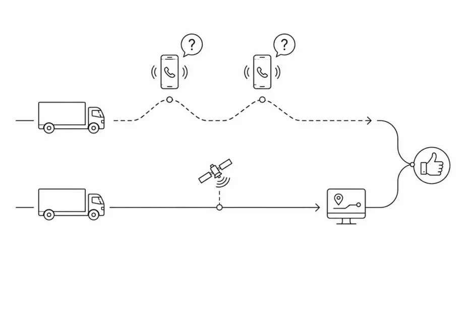 Minimal black and white line art diagram showing a freight truck on a road interrupted by three repeated phone check-call icons with question marks above, compared to a parallel road where the same truck uses a single GPS signal to a dispatcher screen with no interruptions, illustrating how manual load tracking through check calls damages carrier relationships compared to automated real-time tracking