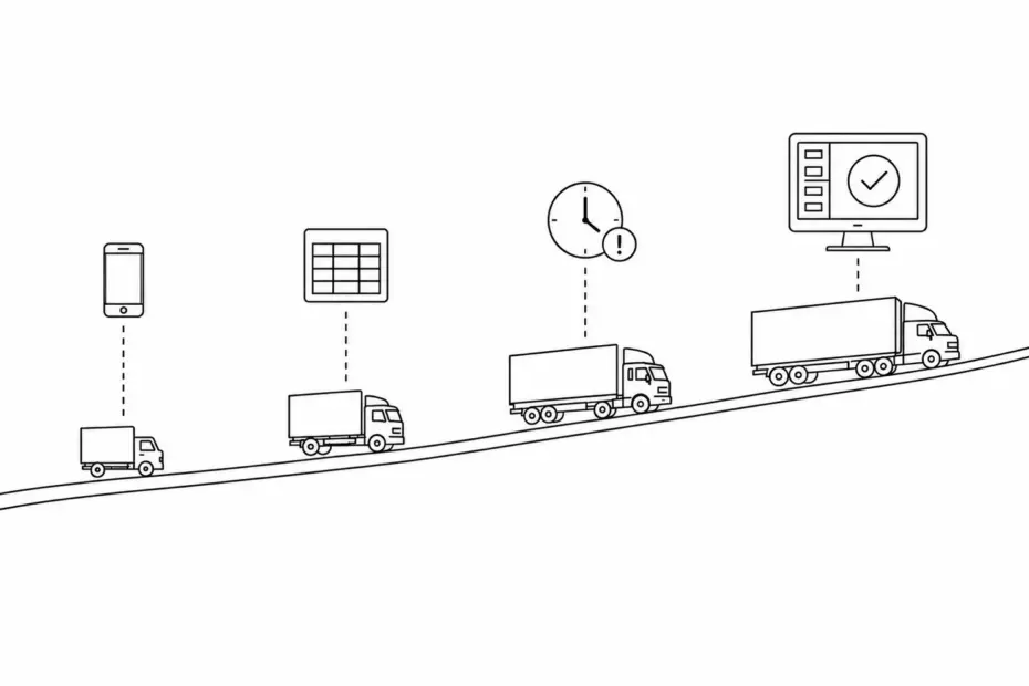 Minimal black and white line art diagram showing a rising road with four outlined freight trucks at increasing sizes representing fleet growth from 5 to 50 trucks, with icons above each truck showing the evolution from phone-based dispatch to spreadsheets to operational slowdown to a proper TMS, illustrating the infrastructure stages required when scaling a trucking fleet