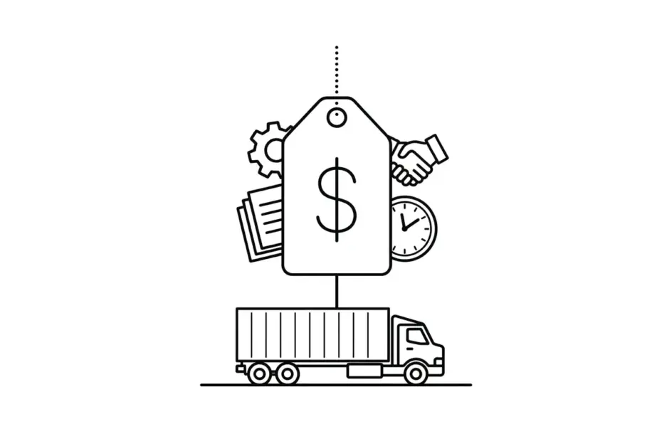 Minimal black and white line art diagram showing a single price tag with a dollar sign in front, with smaller hidden icons for a gear, document stack, handshake, and clock partially visible behind it, connected to a freight truck below, illustrating how freight broker software pricing often hides implementation, onboarding, training, and overage costs behind the sticker price