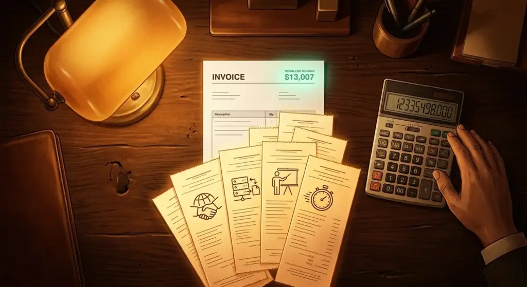 Colorful cinematic overhead illustration of a brokerage owner's desk with a small confident green quoted price at the top of an invoice and a growing stack of amber-glowing hidden cost items beneath it including carrier onboarding, data migration, training, and implementation time icons, with a calculator showing a much higher total, representing the hidden costs behind freight broker software pricing that vendors leave off the sticker price