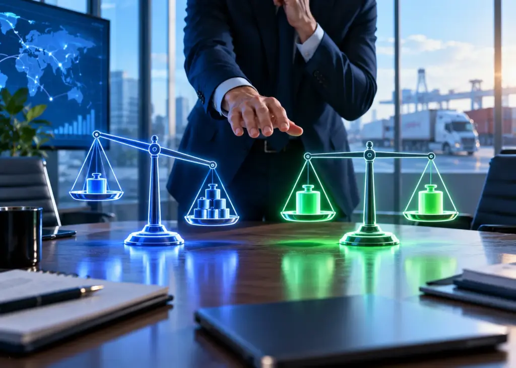 Colorful cinematic illustration of two glowing scale balances on a conference table, one tilted unevenly with a small headline price outweighed by stacked hidden fees, the other level and calm representing a bundled transparent total cost, with a decision maker comparing them, representing how freight broker software pricing should be evaluated on total cost of ownership rather than sticker price alone