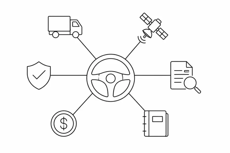 Minimal black and white line art diagram showing a central steering wheel hub with six connected spokes leading to icons for dispatch, telematics, load boards, accounting, factoring, and compliance, illustrating how FTM connects the freight tech stack into one unified system rather than separate disconnected tools