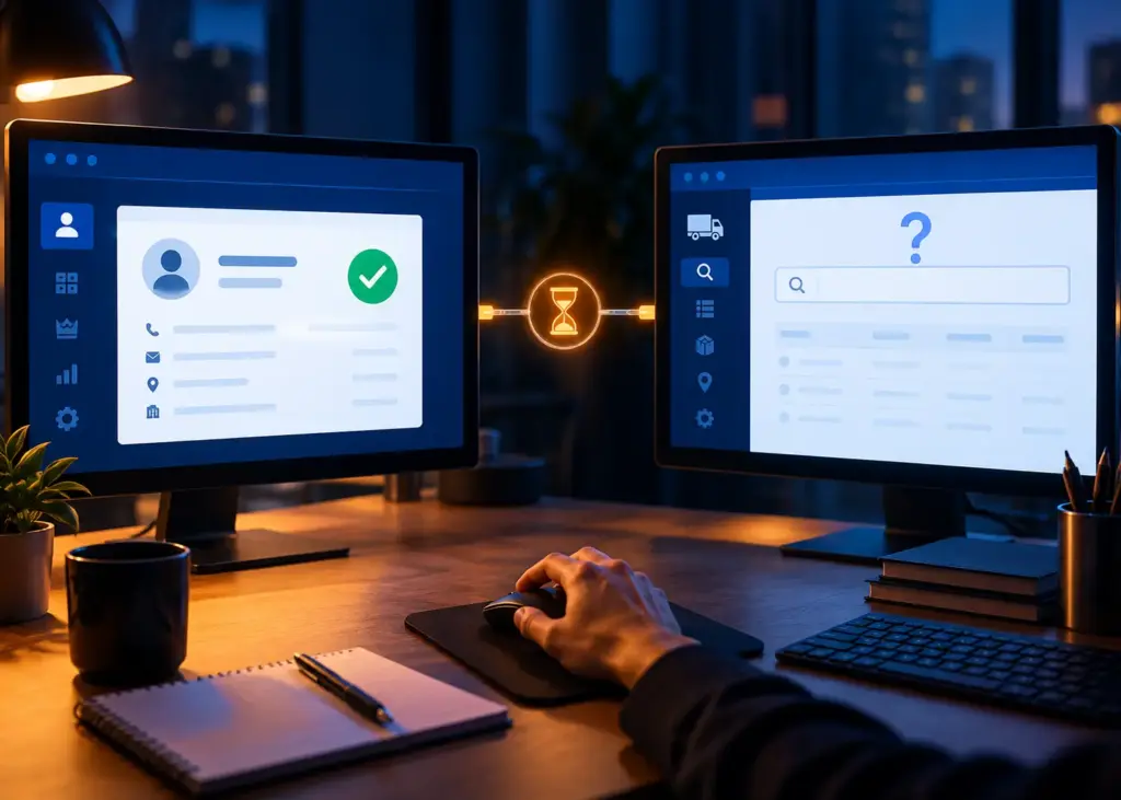 Colorful cinematic illustration of two office monitors showing a completed customer account in a CRM on one screen and an empty search field in a TMS on the other, connected by a translucent cable with a glowing amber hourglass representing a pending sync delay, illustrating why most freight technology stacks are assembled rather than designed as one system