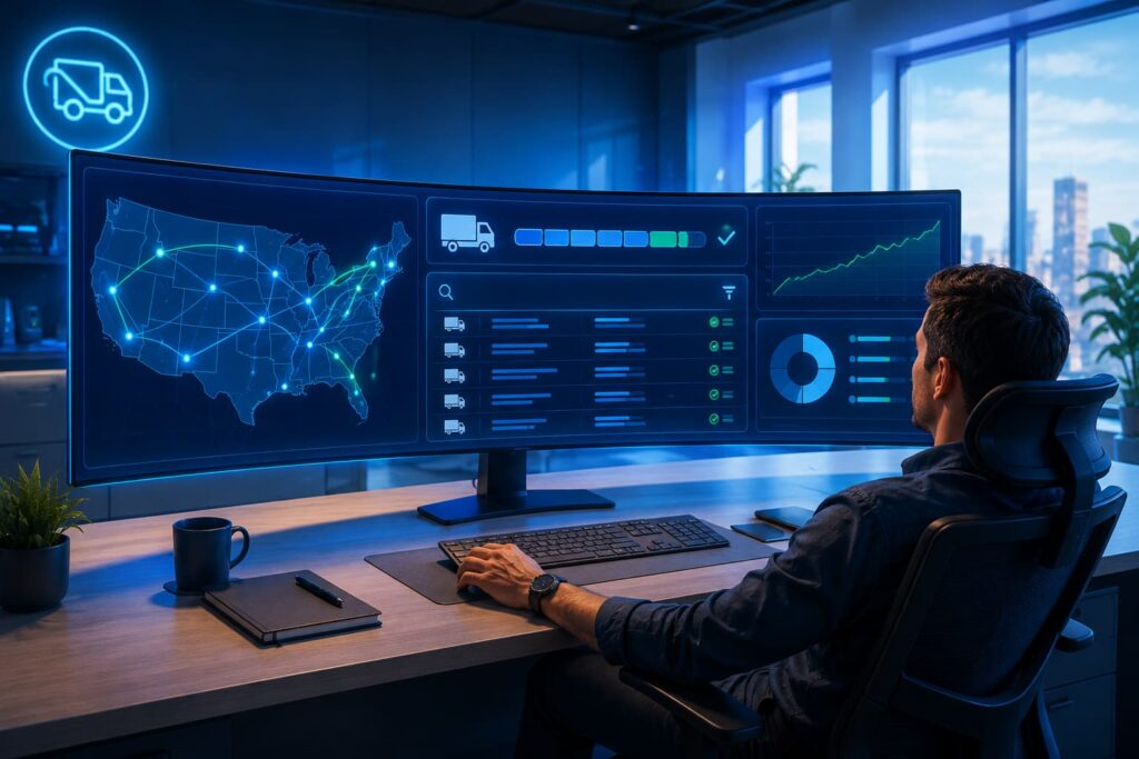 Colorful cinematic illustration of a calm operations desk with a single curved monitor displaying a unified interface combining a live load map, driver hours of service status, load board search, and financial summary in one seamless surface, with a relaxed dispatcher in control, representing what changes when a freight tech stack is actually connected through a Salesforce-native TMS