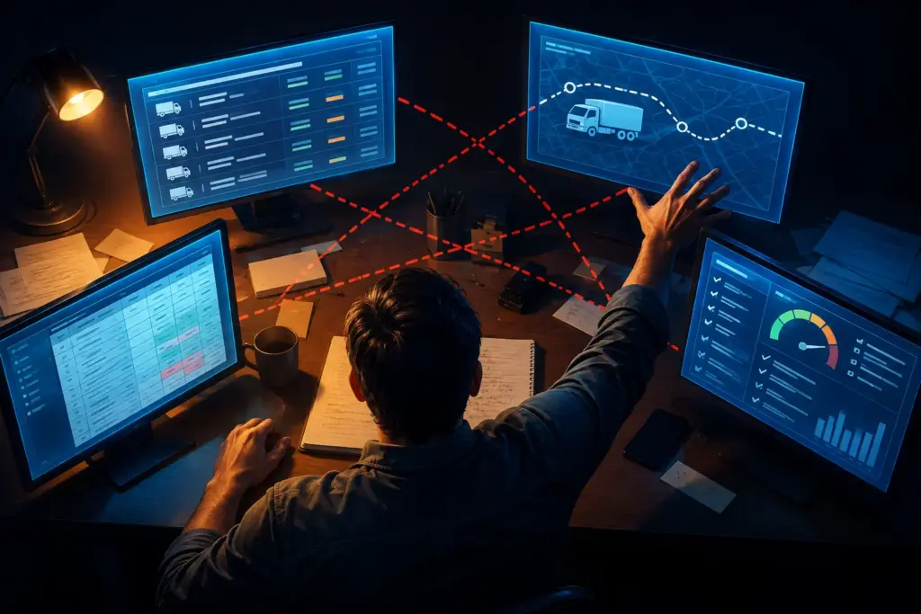 Colorful cinematic illustration of a dispatcher's desk with four disconnected glowing screens showing a load board, ELD dashboard, accounting spreadsheet, and compliance tracker, connected only by red dashed lines representing manual data transfer, with a dispatcher physically bridging the systems by hand, illustrating the real cost of a fragmented freight tech stack