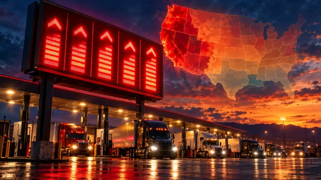 Colorful cinematic illustration of a glowing red digital fuel price board rising rapidly above a busy truck stop at dusk, with a translucent regional heat map overlay in the sky showing varying diesel price intensity across different parts of the country, representing the fuel price volatility that hit trucking carriers during the 2026 diesel spike