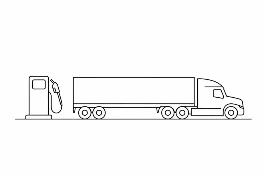 Minimal black and white line art diagram showing a fuel pump nozzle with a jagged rising price graph partially covered by a protective shield above a freight truck, with the graph spiking above the shield in one spot, illustrating how a carrier pricing buffer absorbs most but not all of the impact from fuel price volatility