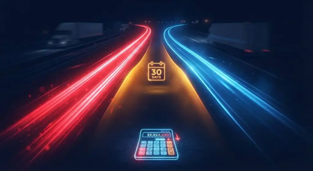 Colorful cinematic illustration of two flowing streams representing carrier cash flow, a fast red stream showing immediate fuel expenses and a delayed electric blue stream showing surcharge revenue arriving weeks later, with a widening amber gap and a thirty day calendar marker between them, illustrating how fuel price volatility creates a cash flow timing gap for carriers beyond the surcharge formula itself