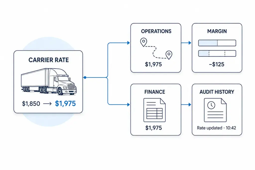 Carrier rate change flowing through operations, margin, finance, and audit history in one connected system.