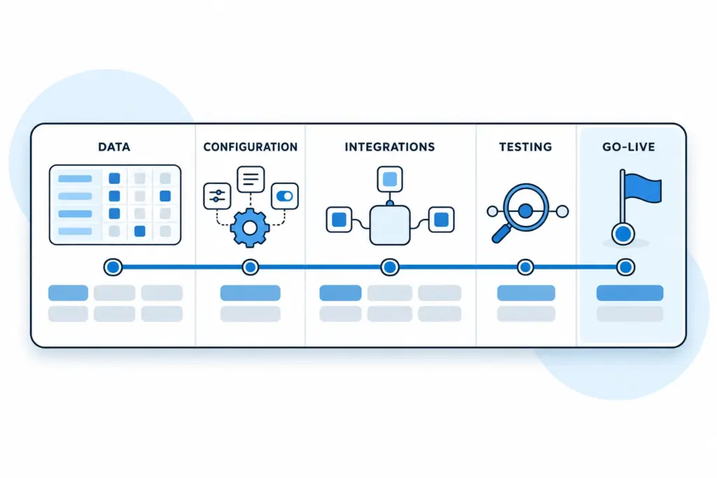 TMS implementation timeline showing data migration, configuration, integrations, testing, and go-live stages.