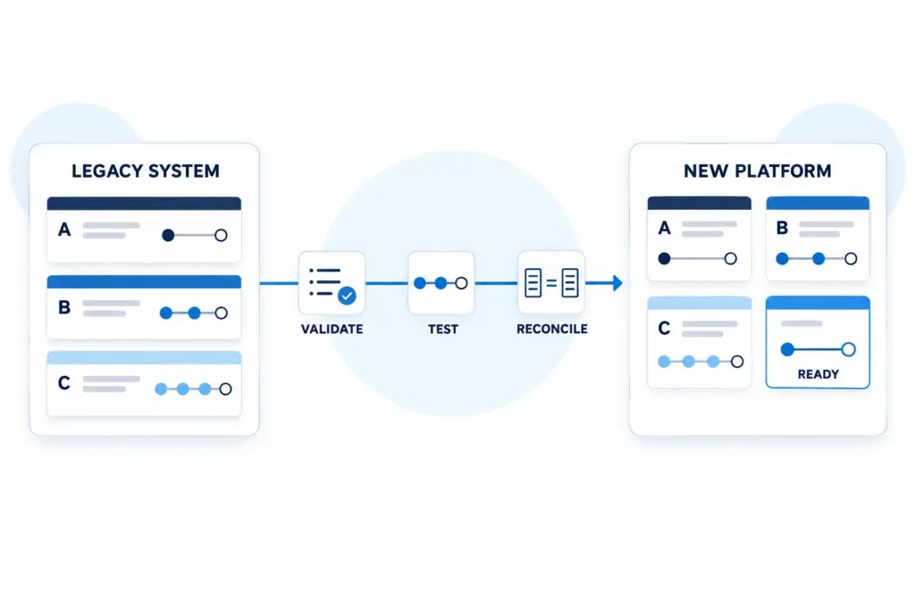TMS migration workflow showing validated transfer from a legacy transportation system into a new TMS before go-live.