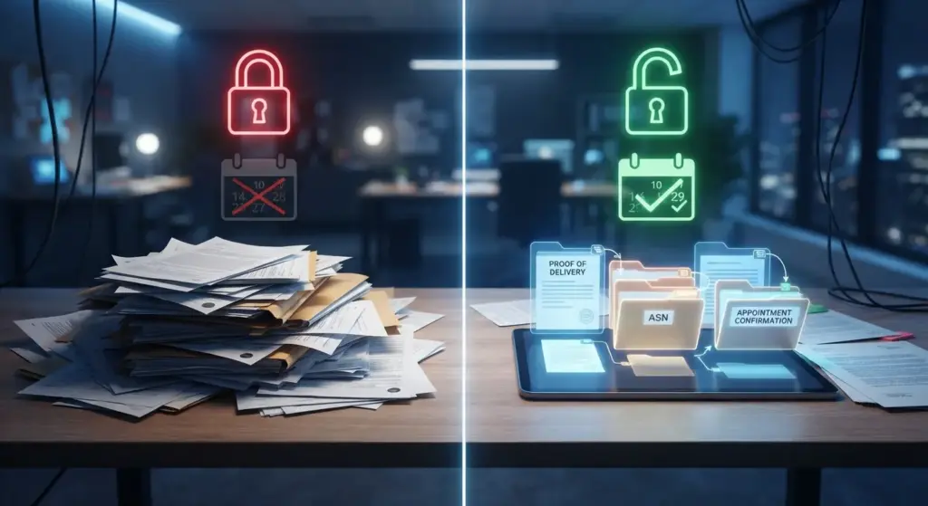Colorful cinematic split illustration comparing a chaotic stack of disorganized paperwork with a closed red padlock representing a missed chargeback dispute window on the left to a clean organized digital documentation folder with an open green padlock representing an active recoverable dispute on the right, illustrating why most shipper non-compliance chargebacks go undisputed