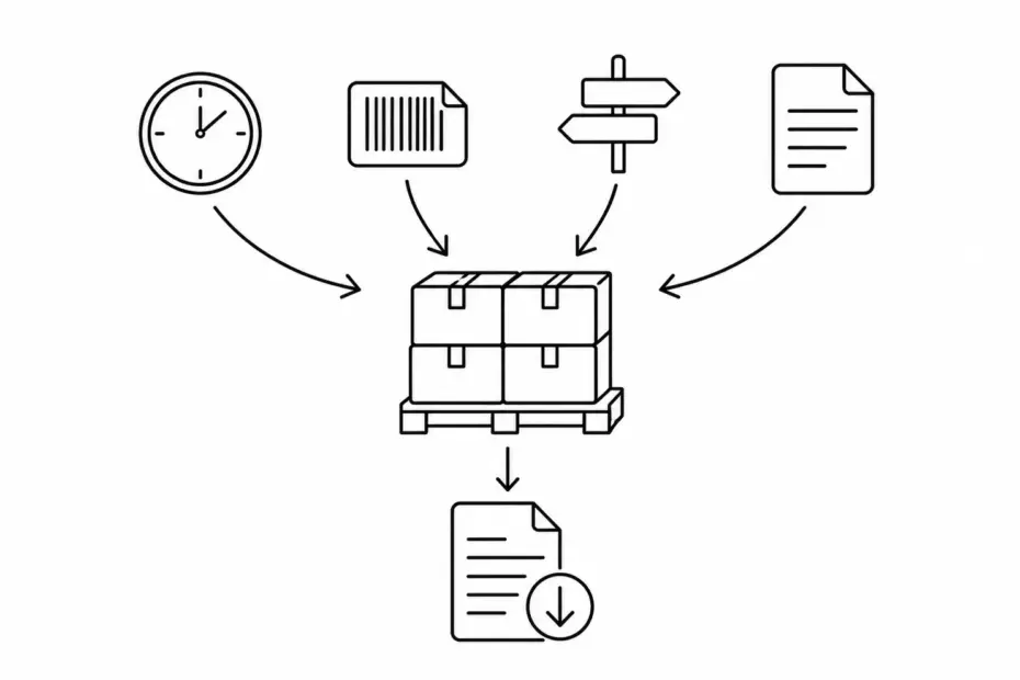 Minimal black and white line art diagram showing a single shipping pallet with four arrows converging on it from a clock, barcode label, signpost, and document icon, representing OTIF, labeling, routing guide, and ASN penalty categories, connected to an invoice below showing a deduction, illustrating how shipper non-compliance penalties stack from multiple sources on a single shipment