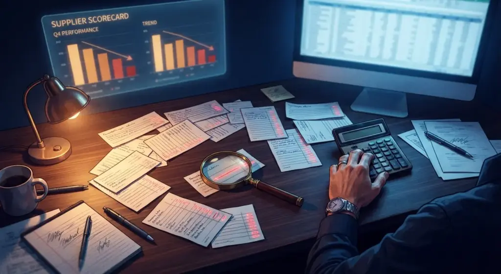 Colorful cinematic overhead illustration of a finance desk covered in scattered remittance slips each showing small red deduction lines, with a magnifying glass tracing one deduction and a translucent supplier scorecard trending downward on a background monitor, representing how shipper non-compliance penalties compound into scorecard risk faster than individual deductions appear