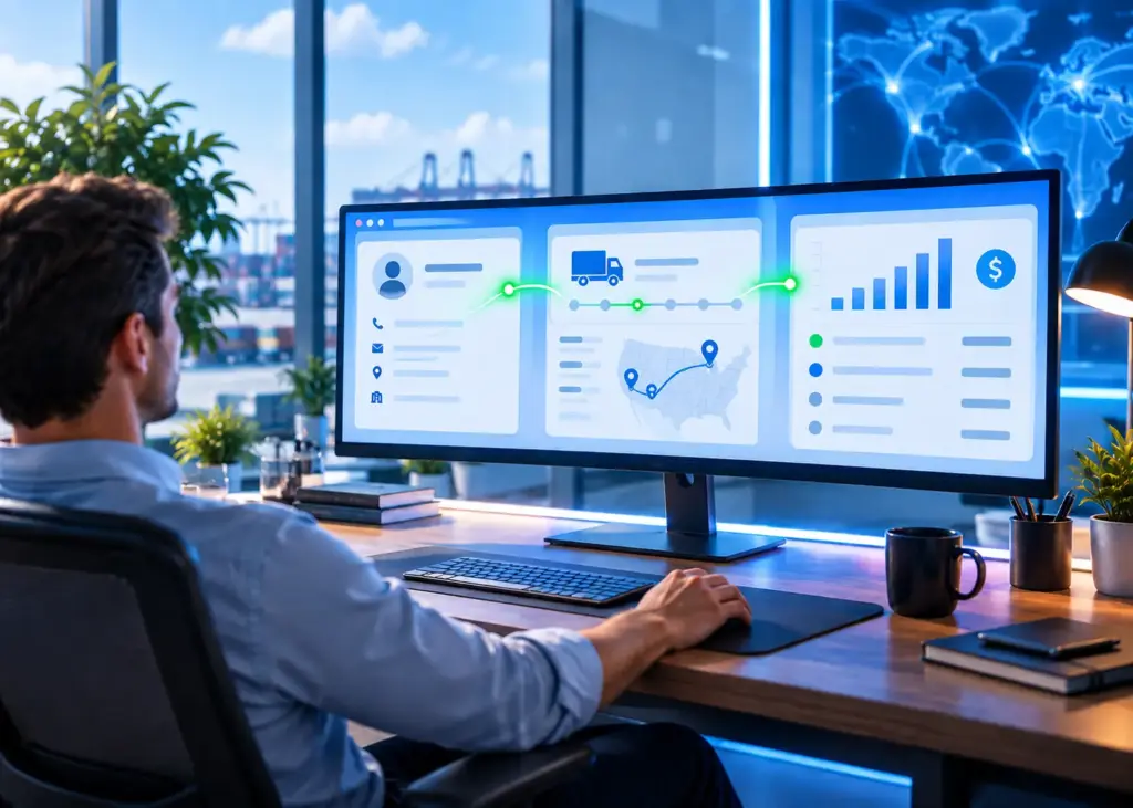 Colorful cinematic illustration of a bright modern operations desk with a single seamless monitor showing customer, shipment, and financial data in one continuous interface with a green pulse animation representing instant shared data, and a calm employee in control, representing the advantage of a TMS built on Salesforce where data updates instantly with no synchronization delay