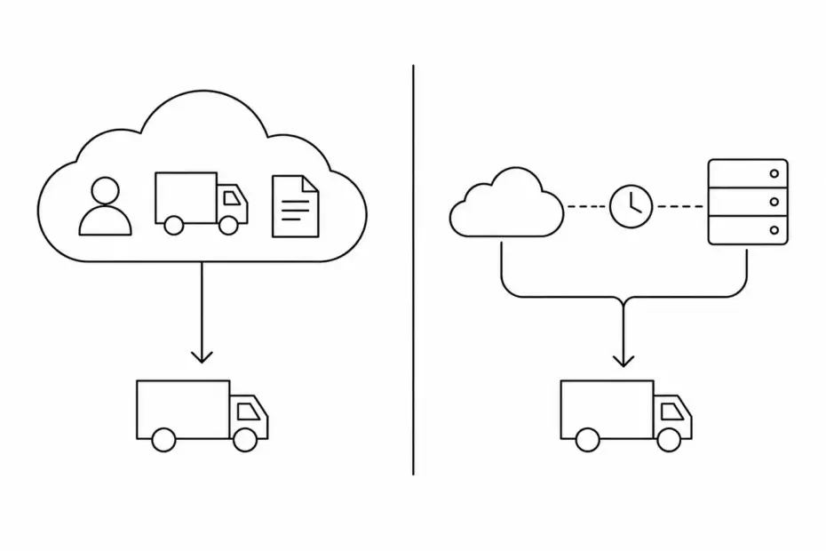 Minimal black and white line art diagram split down the center showing a unified cloud with nested customer, truck, and document icons on the left representing a TMS built on Salesforce, and two separate systems connected by a delayed sync clock icon on the right representing a standalone TMS, both leading to the same freight truck, illustrating the core architecture difference between the two platform types