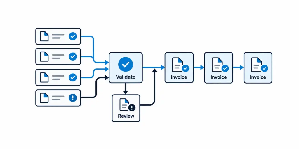 Freight invoicing workflow separating clean invoices from billing exceptions that require human review.
