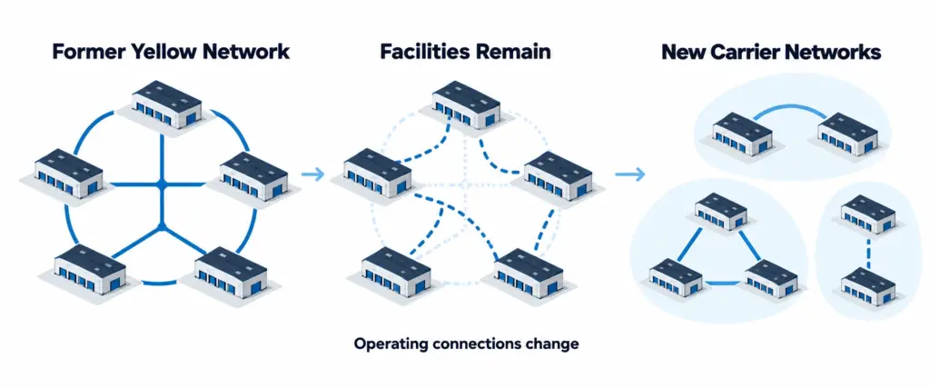 LTL consolidation showing freight terminals redistributed among carrier networks after a bankruptcy