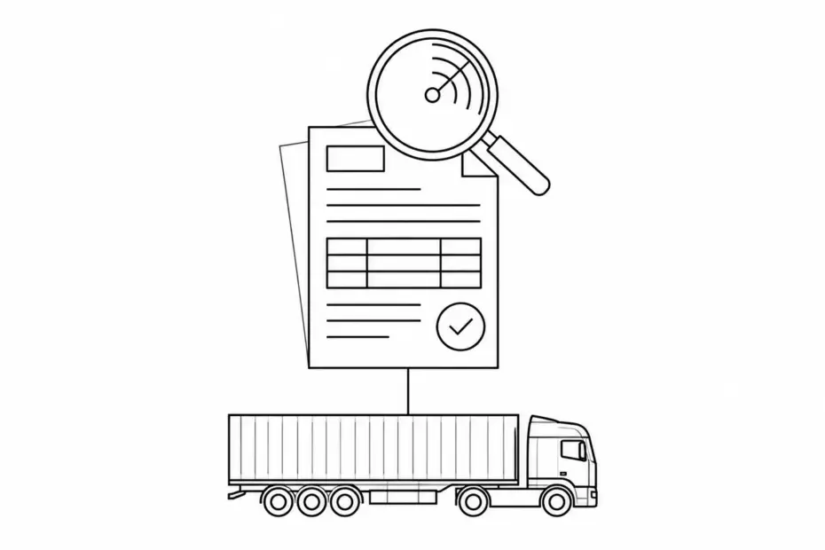 Minimal black and white line art diagram showing a freight document with a hidden duplicate layer offset behind it, examined by a magnifying glass with a radar scanning arc instead of a plain lens, positioned above a freight truck, illustrating how AI freight fraud detection uncovers a falsified identity hidden behind a seemingly legitimate carrier document