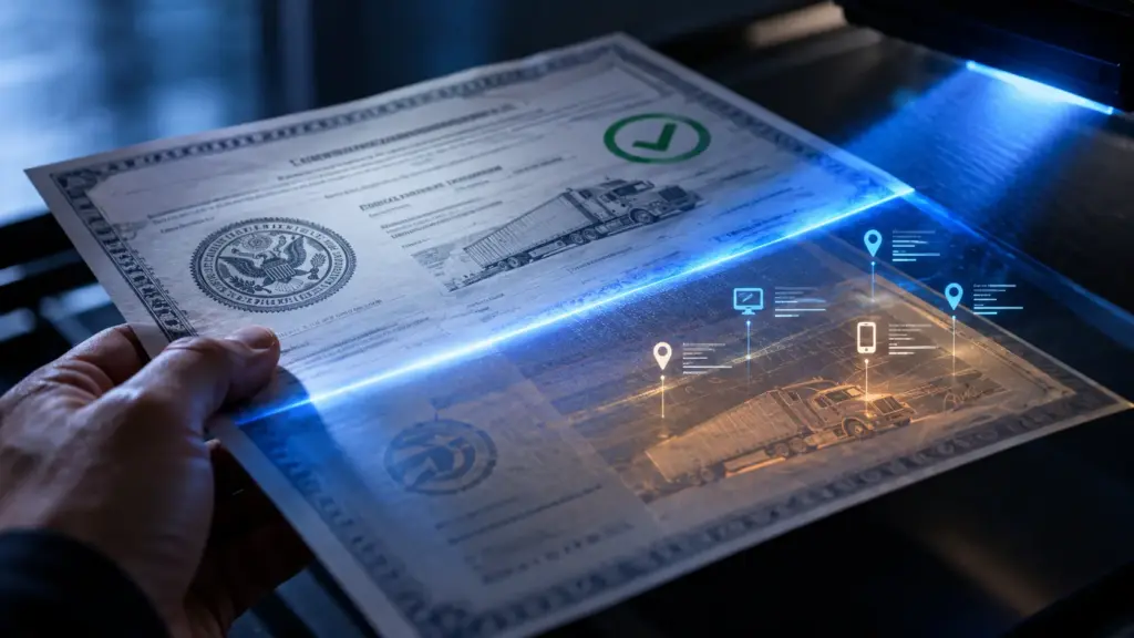 Colorful cinematic close-up of a carrier authority certificate under an 
electric blue scanning light that reveals a hidden translucent second 
identity layer beneath the legitimate-looking document, with faint 
timestamp and device data points floating above it, illustrating how AI 
freight fraud detection uncovers a compromised carrier identity that a 
manual document check would never see