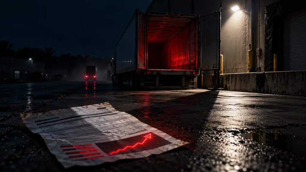 Colorful cinematic illustration of an empty freight dock at night with an open, hollowed-out trailer under a harsh security light, a dropped shipping manifest showing a rising red loss figure, and distant taillights disappearing into darkness, representing the real financial cost of freight fraud in 2026 when a load disappears before fraud is detected