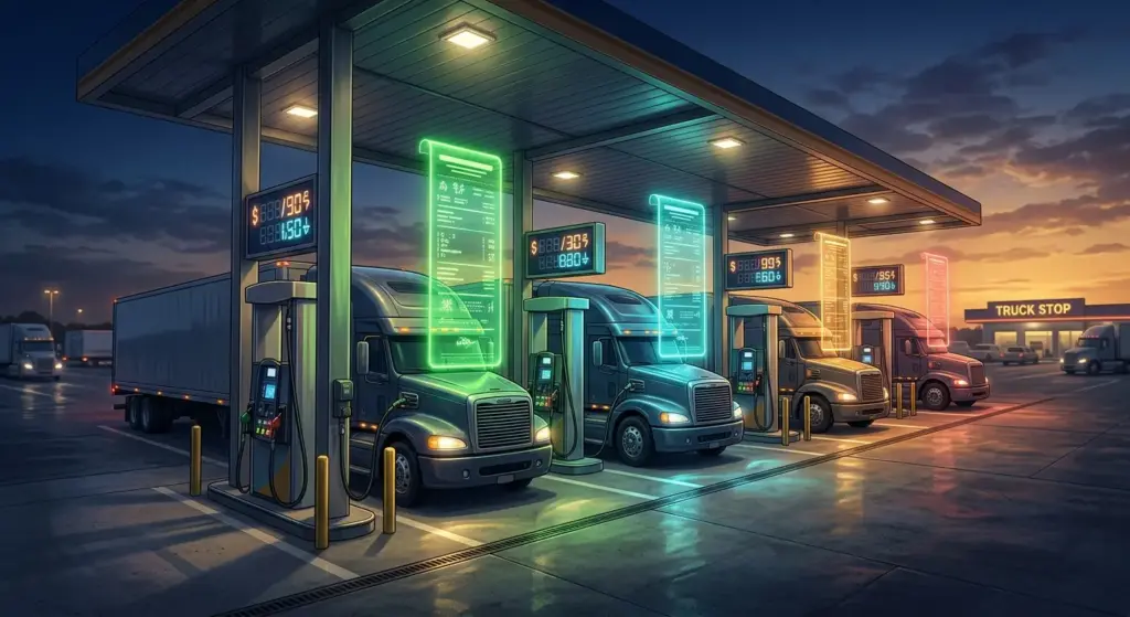 Colorful cinematic illustration of four identical freight trucks at four fuel pumps showing the same diesel price, each followed by a glowing settlement slip of a different length from green to red, showing why carriers negotiate fuel surcharge terms before agreeing a rate