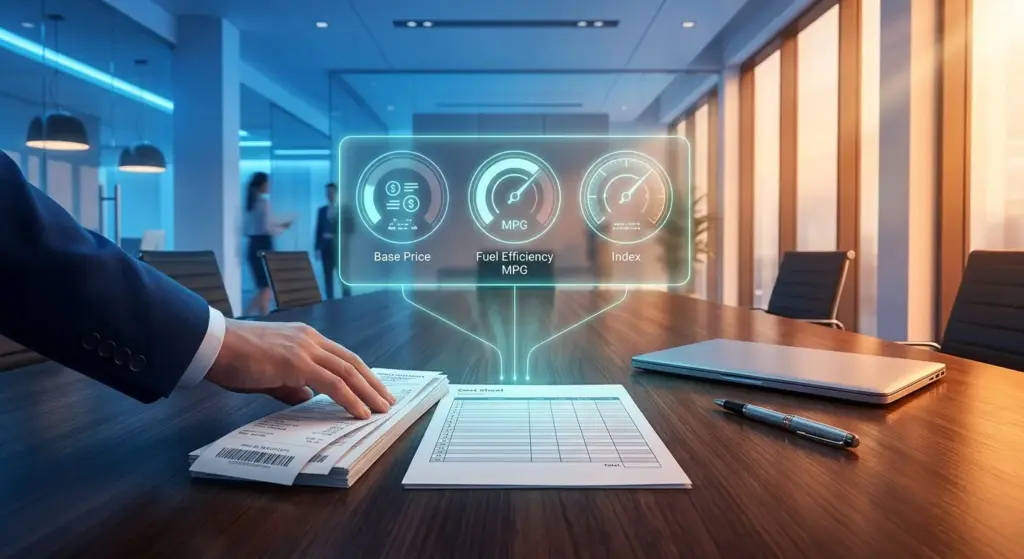 Colorful cinematic illustration of a negotiation table where a hand slides a stack of fuel receipts and a one-page cost sheet toward the shipper's side, with a glowing three-dial hologram of base price, MPG, and index above the table, showing the preparation behind a carrier's effort to negotiate fuel surcharge terms
